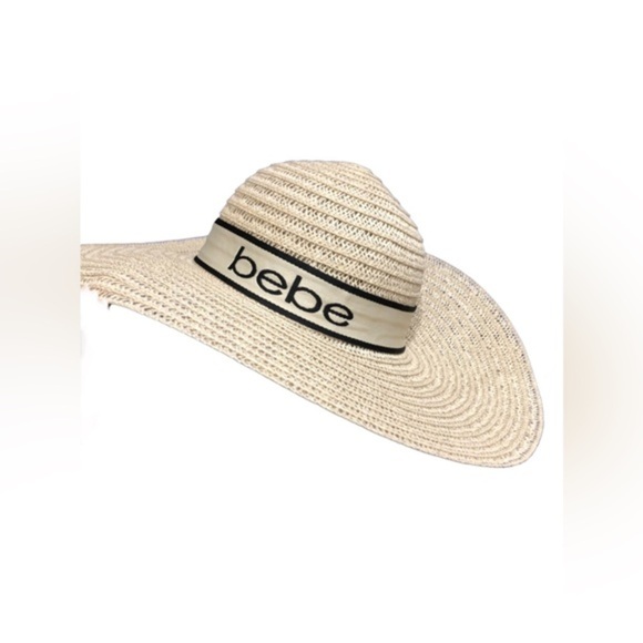 Bebe tan natural straw floppy summer Bebe tan monogram ribbon beach hat new - Picture 2 of 13